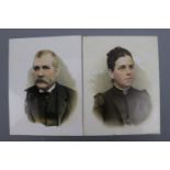 A pair of Victorian Opalotype tinted photographic portraits on milk glass, 21 cm x 16 cm