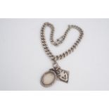 A Victorian heavy silver double watch chain with T-bar and two fobs, 101 g