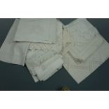 Antique hand-embroidered whitework tea table and tray cloths, including drawn thread work