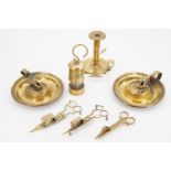 19th Century brass chamber sticks, candle snuffers etc