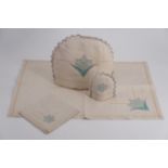 An Art Deco hand-embroidered breakfast / tea tray linen set, including tea pot cosy, egg cosy,