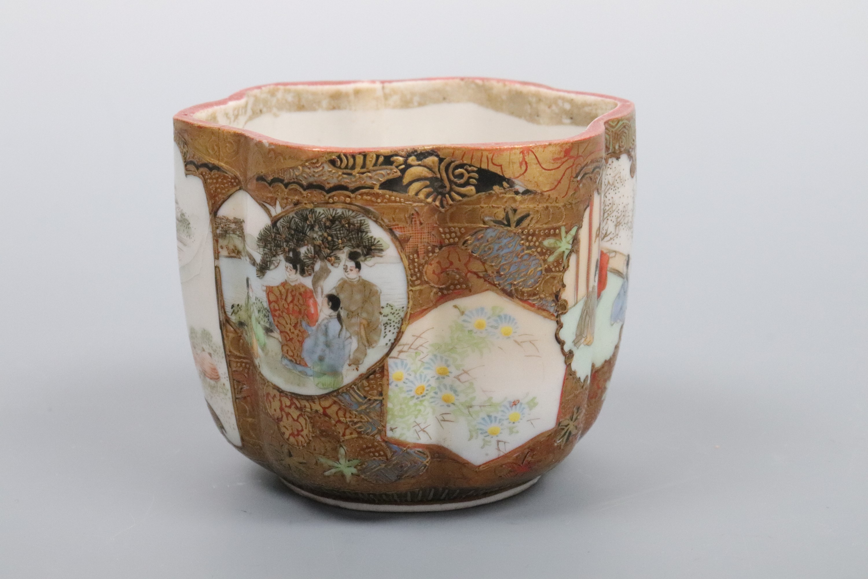 A small Meiji Japanese Satsuma ware bowl or cup, of lobed form and decorated in a series of - Image 4 of 6