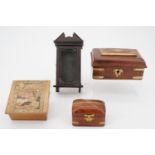 A parquetry veneered and two brass-inlaid wooden boxes together with pocket-watch case