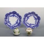 Two Foley Fern pattern plates, a small Royal Worcester vase, 8 cm high and a mustard pot