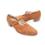 A 1920s lady's pair of brown suede leather Mary Jane shoes by Amos Atkinson Ltd of Newcastle-Upon-