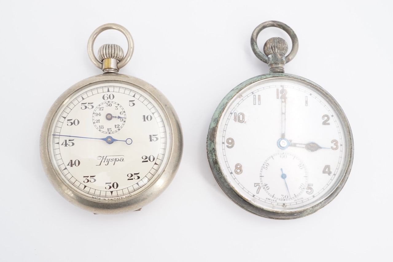 A British military GS Mk II pocket watch together with a Hyspa stopwatch