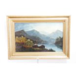 (19th Century) Large scale Lake District view at dawn, the sun-tinged mountains looming over inky