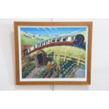 (Contemporary) Passing Train, depicting a passenger carriage passing at speed an allotment plot,