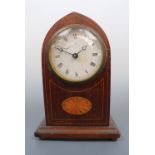 An Edwardian Sheraton Revival mantle clock of Gothic arch form, 23 cm