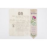 A Victorian document granting freedom of the city of Norwich together with a woven silk bookmark