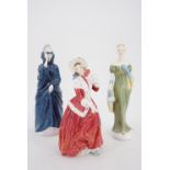 Three Royal Doulton figurines; Masque HN 2554, Lorna HN 231X Christmas Morn HN1992