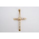 A contemporary 9 ct gold and white stone pendant cross, 5 cm, 4 g