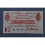 A John Bradbury Ten Shillings banknote, printed in red, B1 63, No 78835