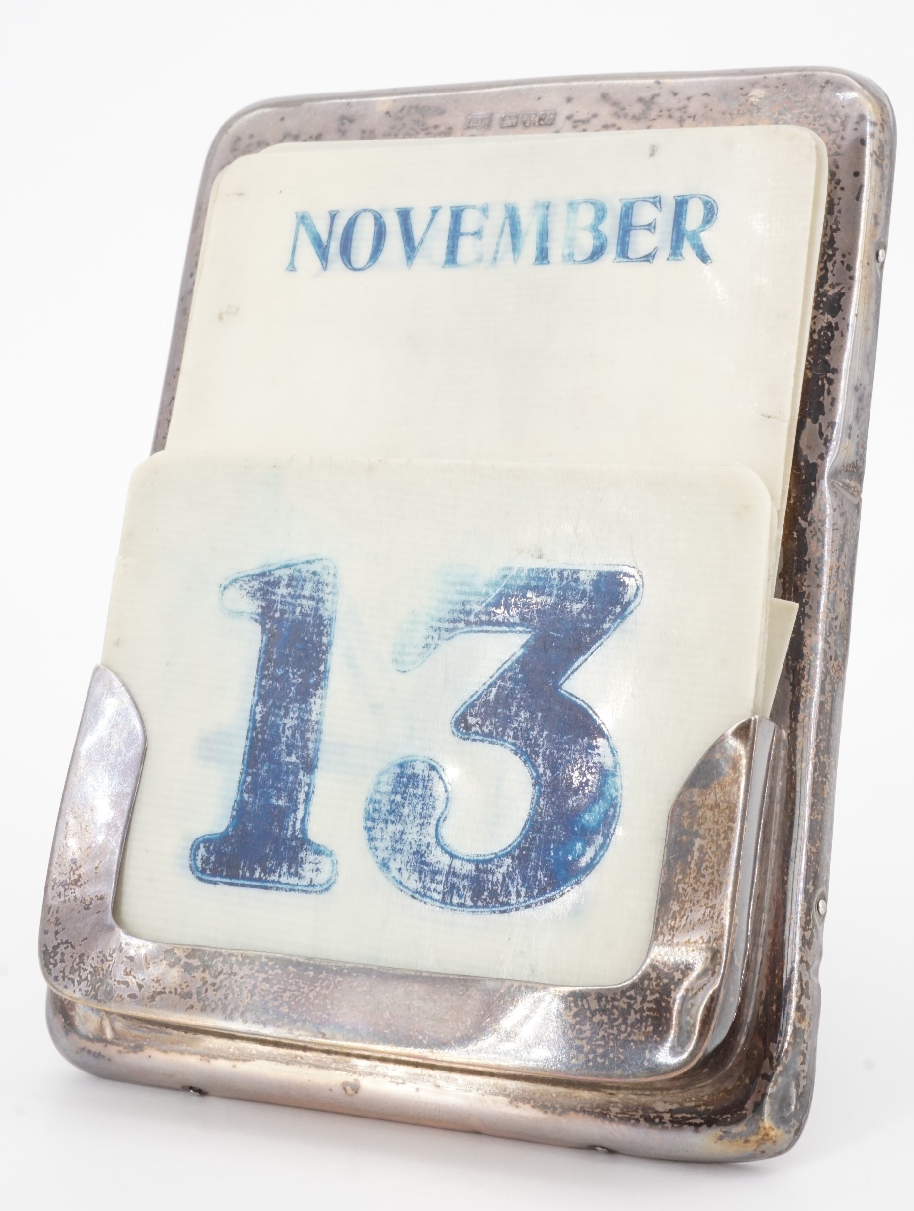 An Edwardian silver and Ivorine perpetual desk calendar, with oak easel back, Walker and Hall, - Image 2 of 2