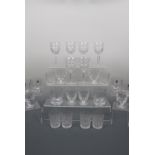 Six Gleneagles tumblers, Dartington large wine glasses etc. (two trays)