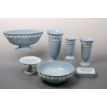 Seven items of Wedgwood Queensware, three vases, tallest 27cm, a bowl etc.
