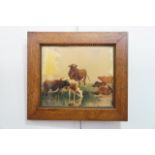 (19th Century) A study of cattle grazing on the edge of a stream, one bull gazing out at the viewer,
