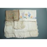 Vintage linen antimacassars / chair backs, including hand-embroidered examples
