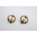 A pair of 9 ct gold and green stone claddagh earrings, 1.4 g, 12 mm