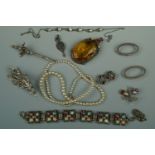 A vintage mabe pearl and marcassite necklace (a/f), other marcassite jewellery, Scottish thistle