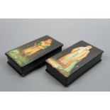 A pair of 1990s Russian Fedoskino lacquered boxes, one painted in depiction of a princely archer,