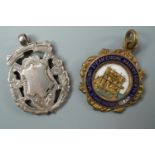 An Edwardian silver prize watch chain fob together with a Steam Engine Maker's Society enamelled