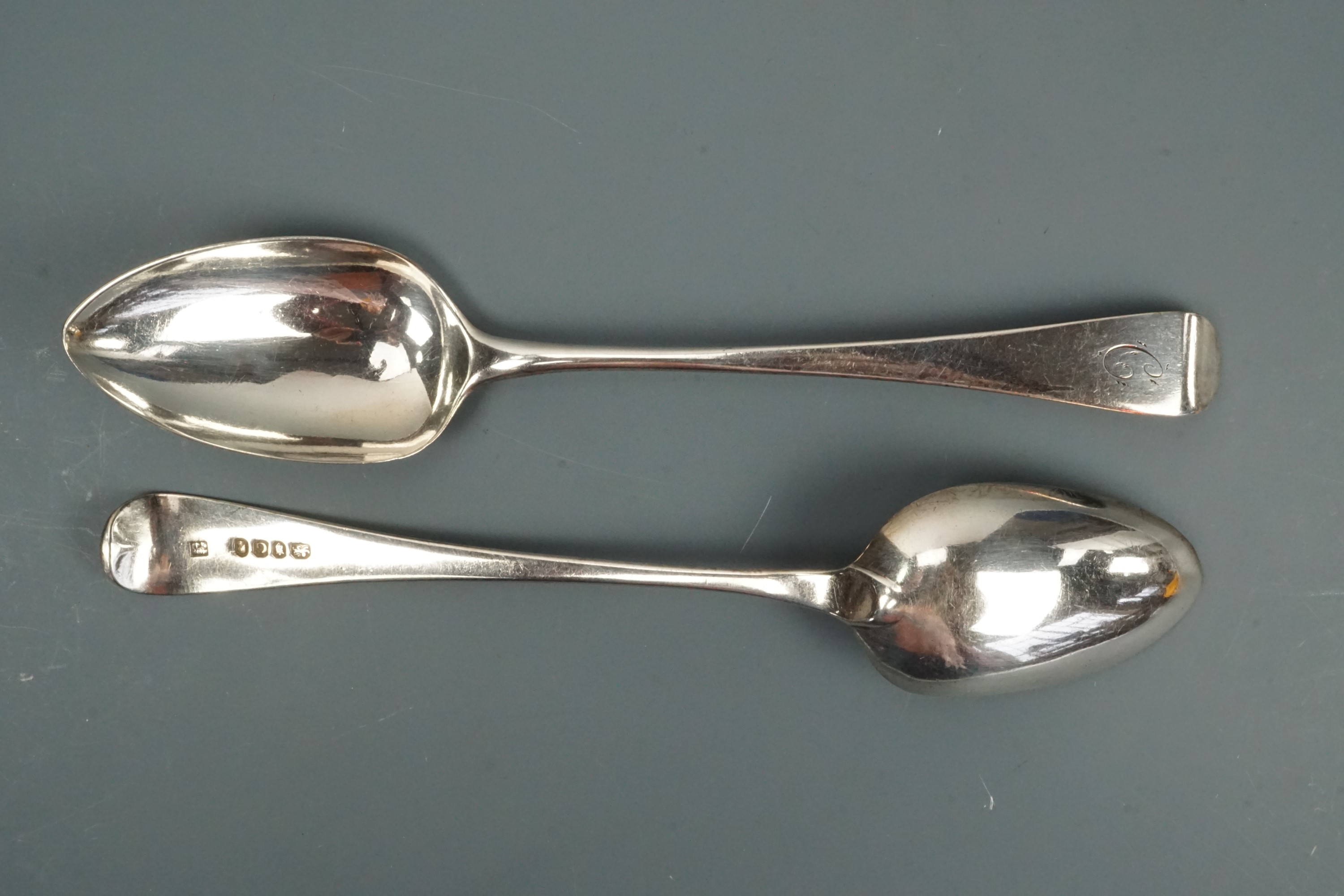 Two Georgian silver Hanoverian pattern table spoons, Peter, Anne and William Bateman, London, 1802