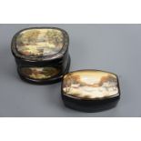 Two Russian painted lacquer and mother-of-pearl boxes, each painted in depiction of a snow scape