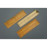 A 19th Century ivory sector and two box wood protractors / rulers, forme 6"