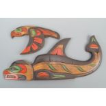 A 1970s Doug Harper North West Canadian Carrier Nation carved wooden plaque entitled "Blue Whale"