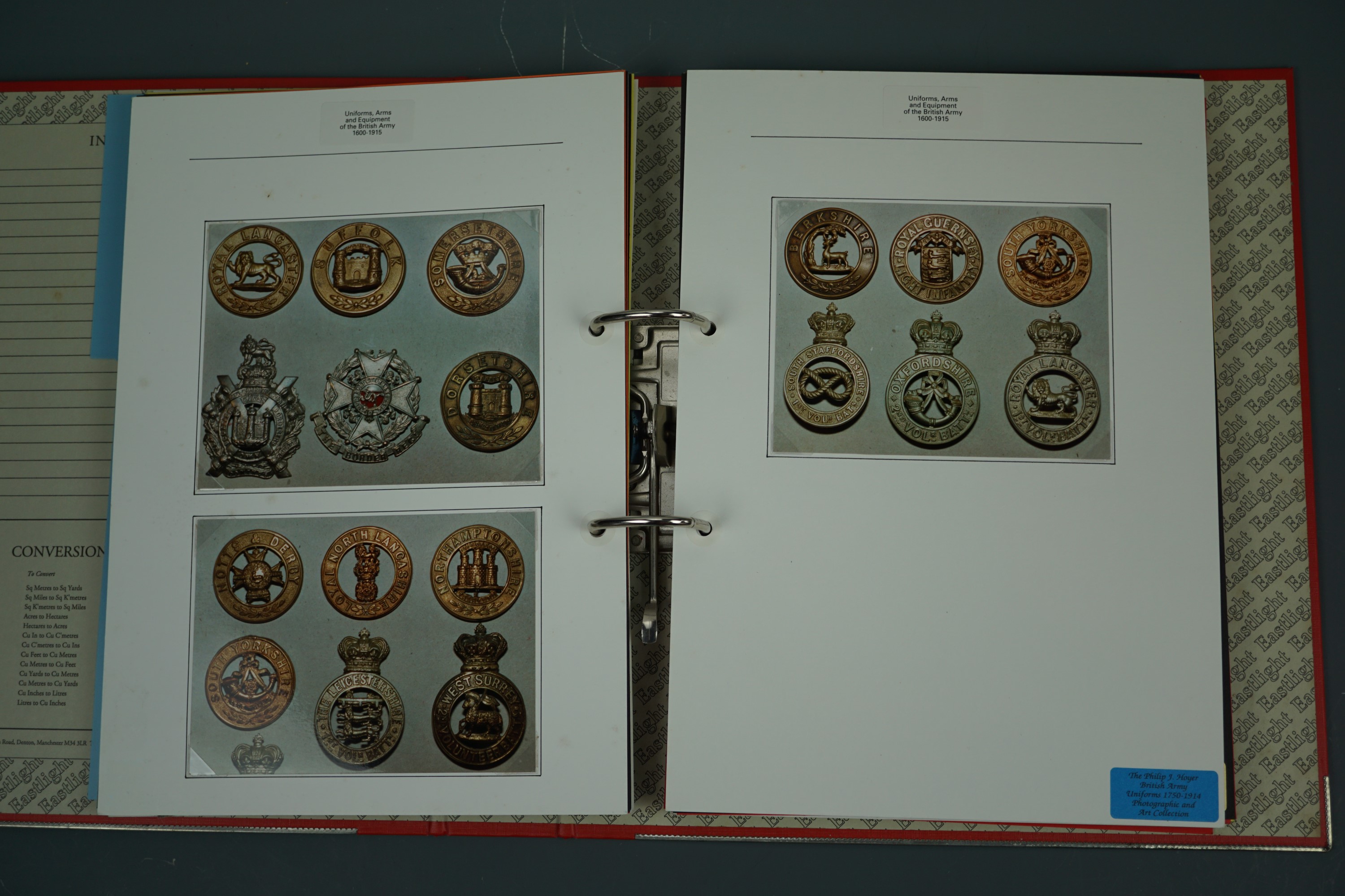 An album of photographs and text detailing British infantry headdress, badges etc - Image 2 of 3