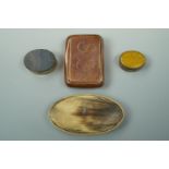 A 19th Century oval horn snuff or tobacco box, a banded agate and electroplate box, a 1932 copper