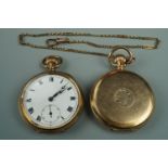 A late 19th / early 20th Century rolled-gold hunter pocket watch and watch chain, together with a