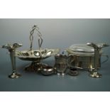 An electroplate basket, a pair of candlesticks, tureen, tankard, etc.