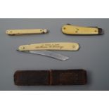 A late 19th / early 20th Century cased folding pocket / pen knife, its Ivorine grip scales bearing