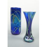 Two Okra iridescent lustre glass vases, tallest 21 cm