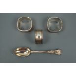 A Victorian King's pattern silver Christening spoon, a silver napkin ring and a pair of Dutch Keltum