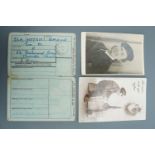 Two military postcards and a National Registration Identity Card, one of the former portraying a