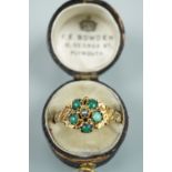A Victorian turquoise and pearl ring, comprising five small turquoise cabochons centred by a
