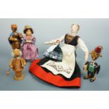 A mid 20th Century Swiss fabric doll, a Scottish Pettycur Crafts dolly peg doll bearing a Design