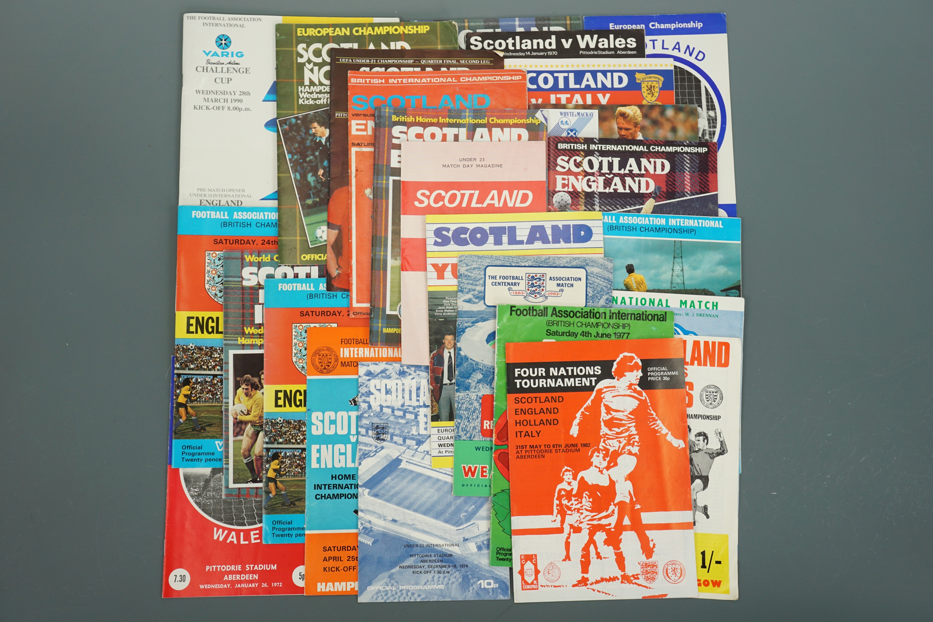 A group of 1960s and later Scotland and England international match football programmes