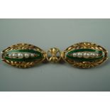 A Belle Epoque high-carat yellow metal, pearl and basse-taille enamel openwork brooch in the form of