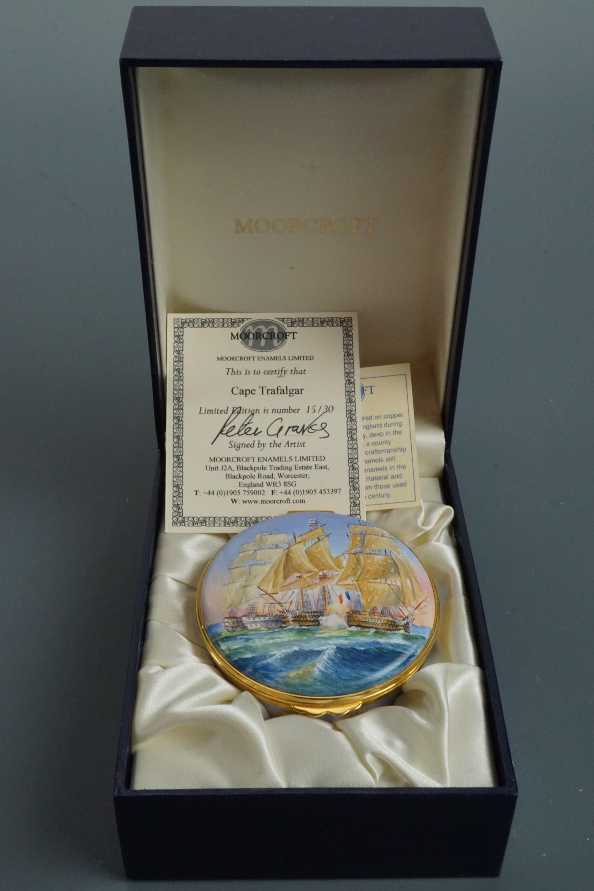 A Moorcroft limited edition enamel box by artist Peter Graves, 15/30, Cape Trafalgar, 4 × 7 cm