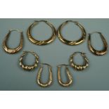 Five pairs of 9 ct / yellow metal hoop earrings, 6 g