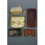 Vintage and other bags, including a gold lame shoulder bag, an embossed leather wallet, a needlework