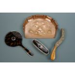 An early 20th Century copper crumb tray and a brush together with an electroplate-mounted faux