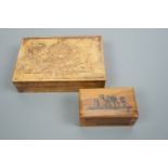 A marquetry-inlaid table box and a small Jerusalem olive wood box, former 15 cm x 10 cm