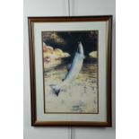 A leaping salmon print by R McPhail, 40 × 54 cm