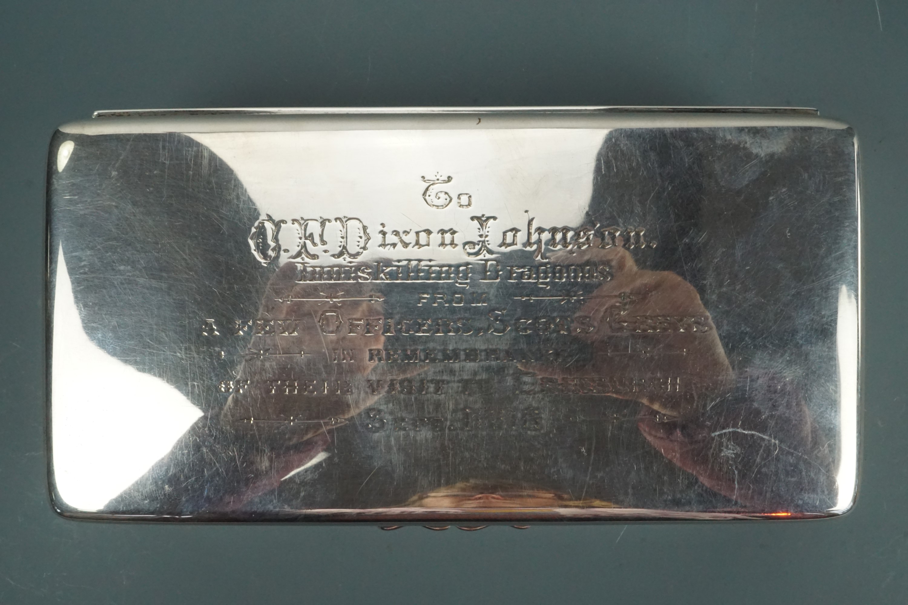 A considerable Victorian silver table cigarette box, its lid bearing an engraved presentation - Image 2 of 3