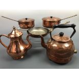 A quantity of copper and brass ware including a fondue set, kettle etc